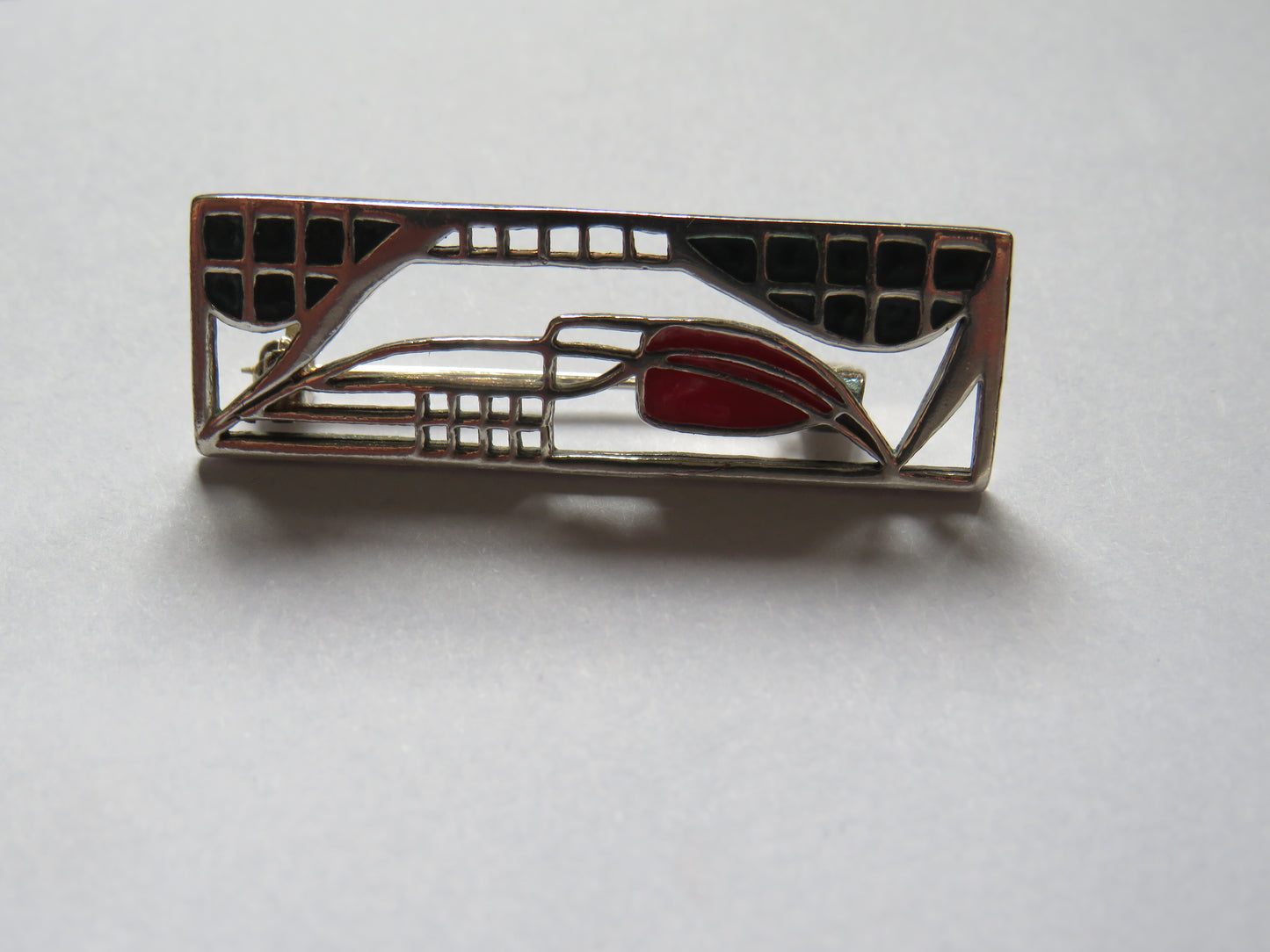 Vintage Sterling Silver & Enamel Ladies Brooch In Mackintosh Style