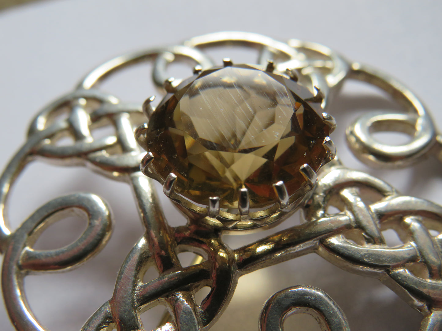 Very Nice Sterling Silver & Citrine Celtic Scottish Brooch Good Sized Brooch
