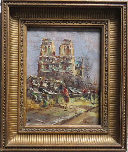 Antique Small Framed Oil Painting of Notra Dame Cathedral Paris