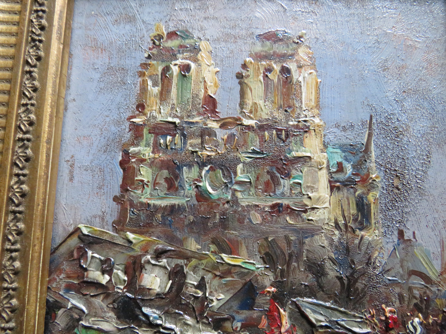 Antique Small Framed Oil Painting of Notra Dame Cathedral Paris