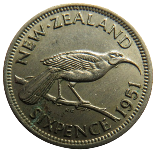 1951 King George VI New Zealand Sixpence Coin