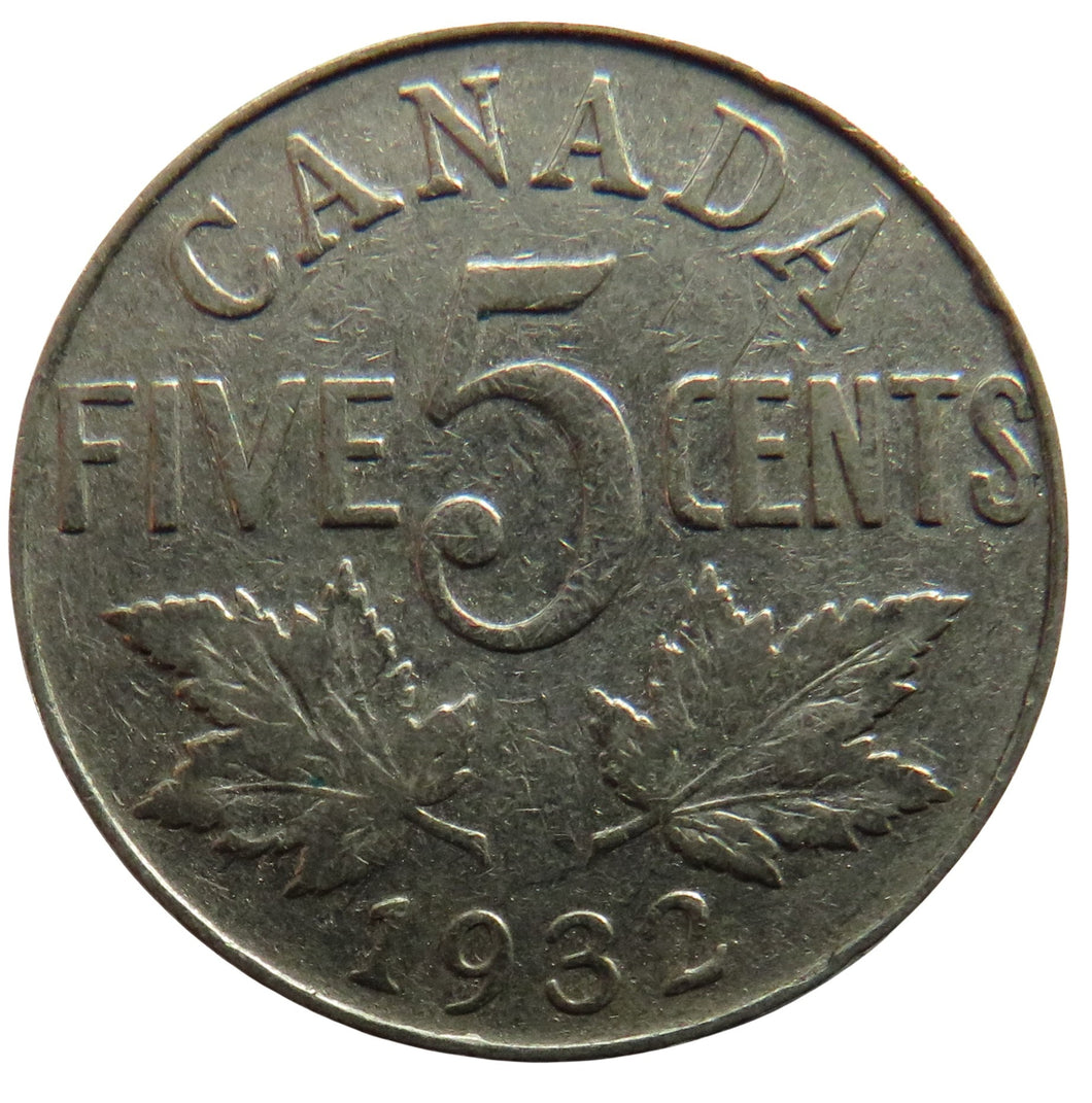 1932 King George V Canada 5 Cents Coin