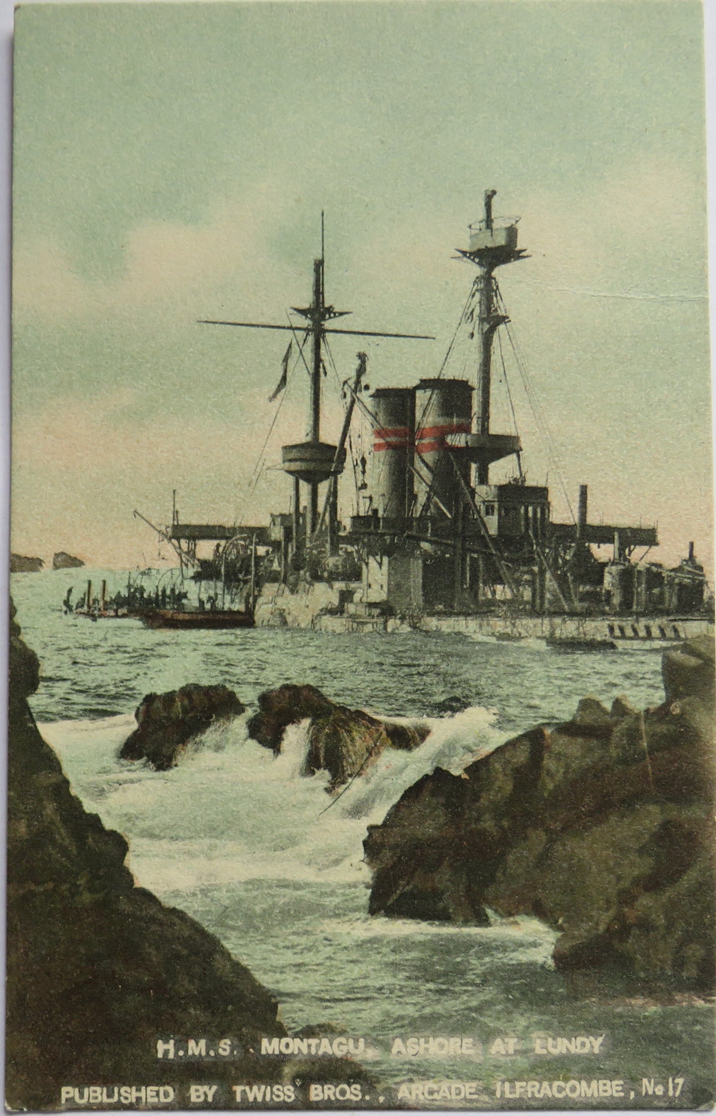Vintage Warship Postcard of H.M.S. Montagu Ashore At Lundy