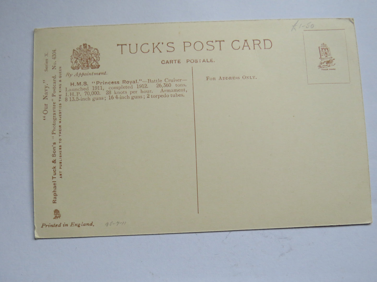 Vintage Warship Postcard of H.M.S. "Princess Royal"