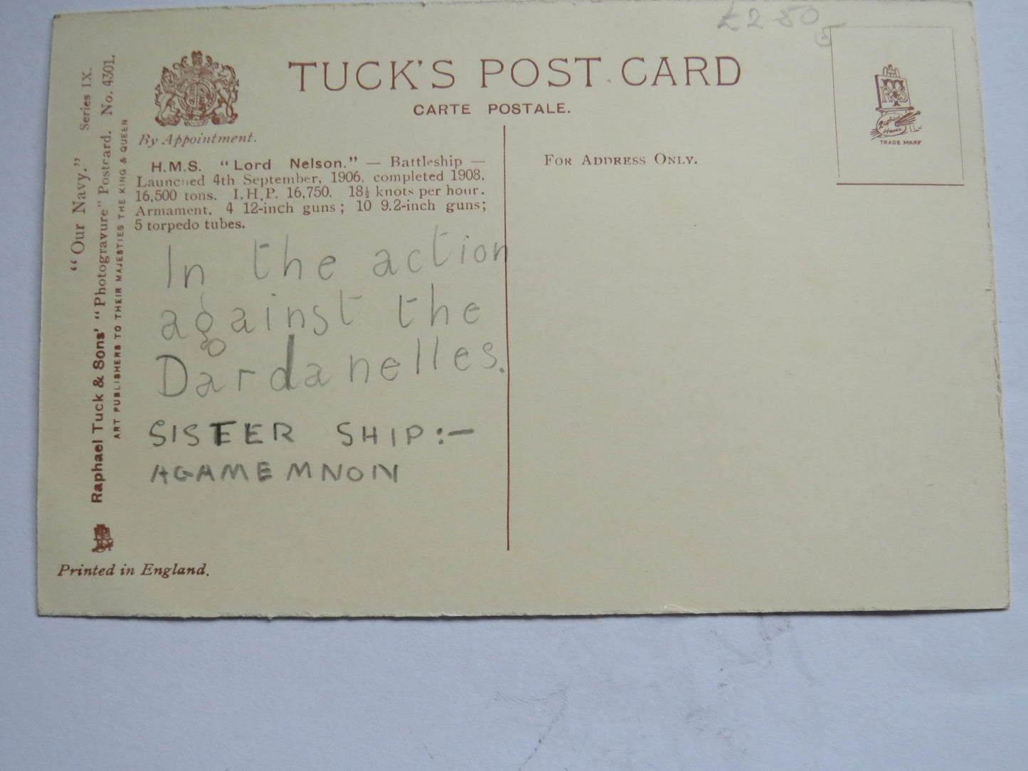 Vintage Warship Postcard of H.M.S. "Lord Nelson"