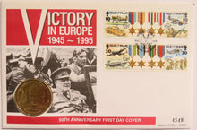 Load image into Gallery viewer, 1995 Isle of Man £5 Coin &amp; Stamp Cover Victory In Europe 1945-1995
