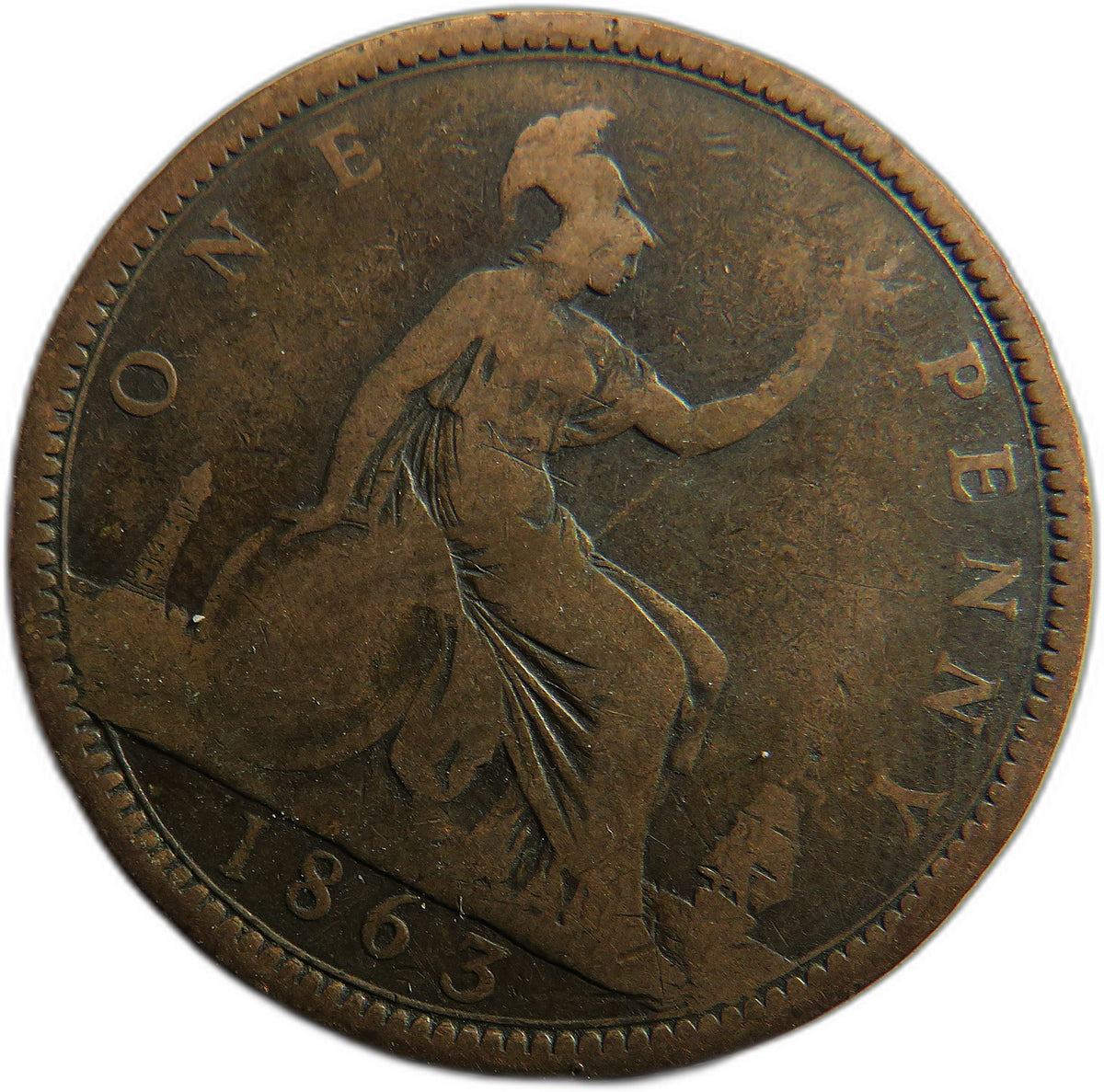1863 Queen Victoria Bun Head One Penny Coin - Great Britain