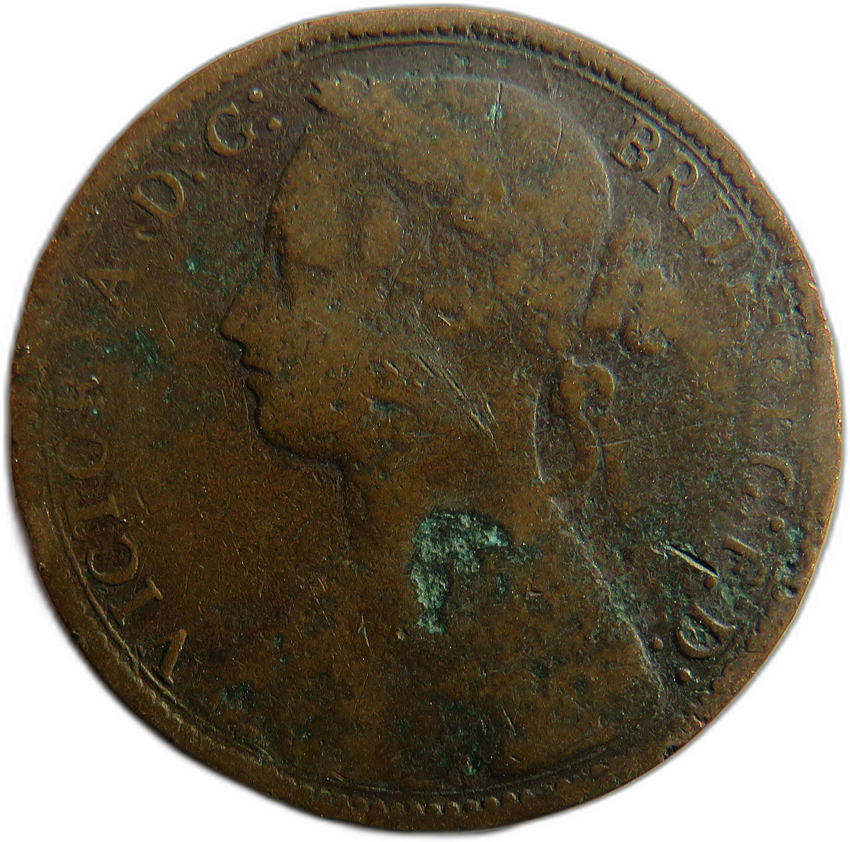 1876-H Queen Victoria Bun Head One Penny Coin - Great Britain