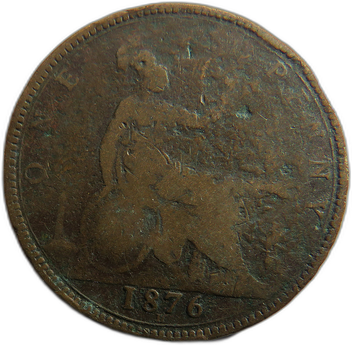 1876-H Queen Victoria Bun Head One Penny Coin - Great Britain