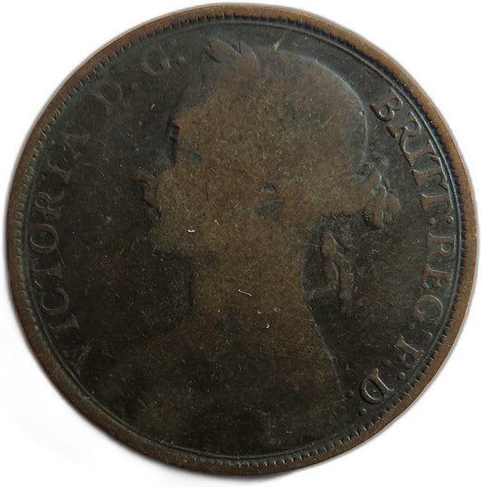 1891 Queen Victoria Bun Head One Penny Coin - Great Britain image 1