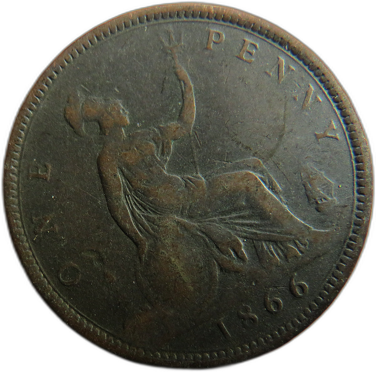 1866 Queen Victoria Bun Head One Penny Coin - Great Britain