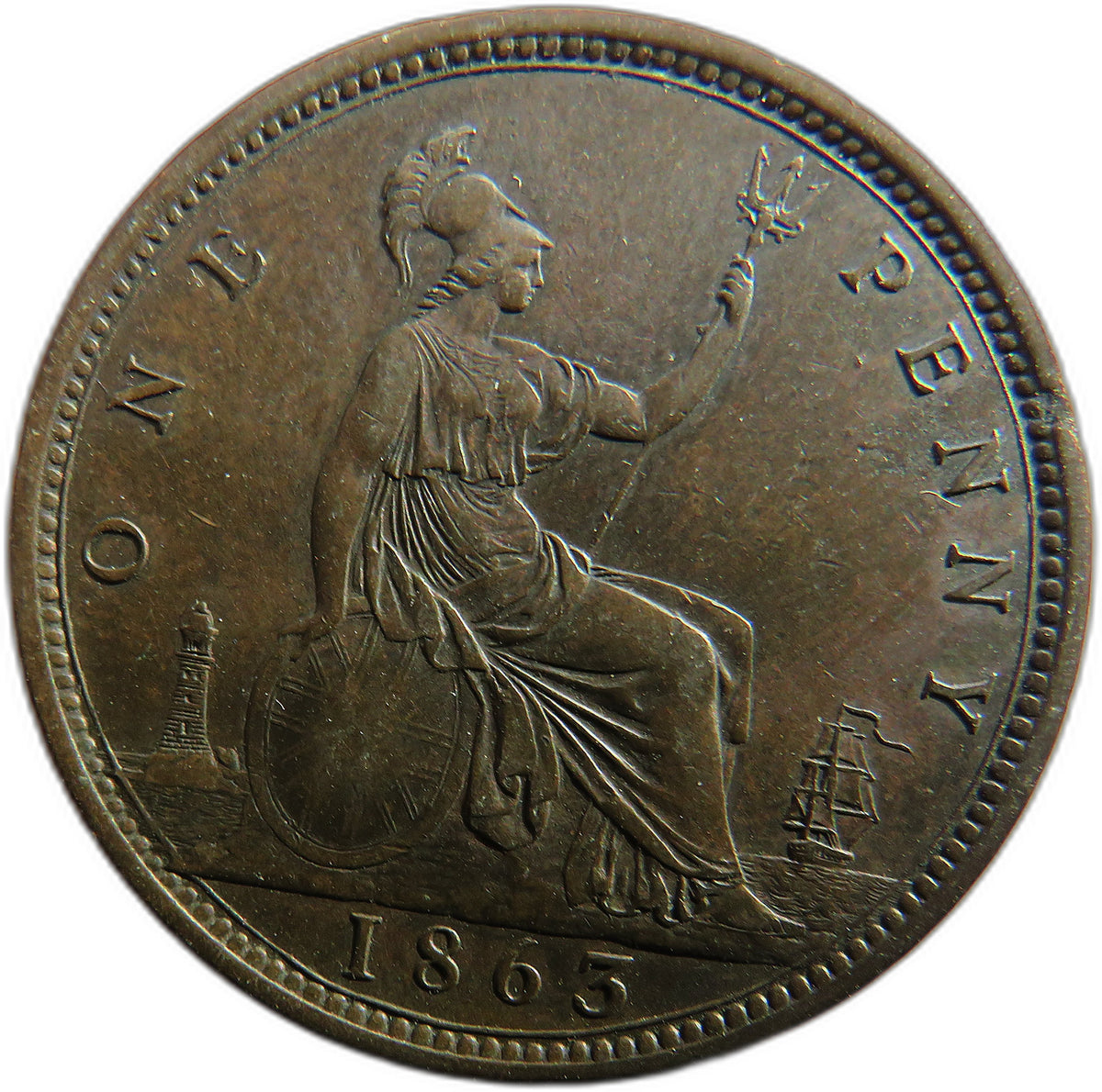 1863 Queen Victoria Bun Head One Penny Coin Better Grade - Great Britain