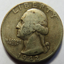 Load image into Gallery viewer, 1942 USA Silver Washington $1/4 Quarter Dollar Coin
