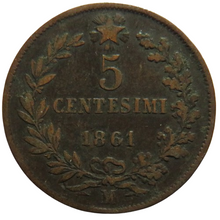 Load image into Gallery viewer, 1861 Italy 5 Centesimi Coin
