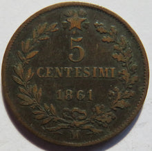 Load image into Gallery viewer, 1861 Italy 5 Centesimi Coin
