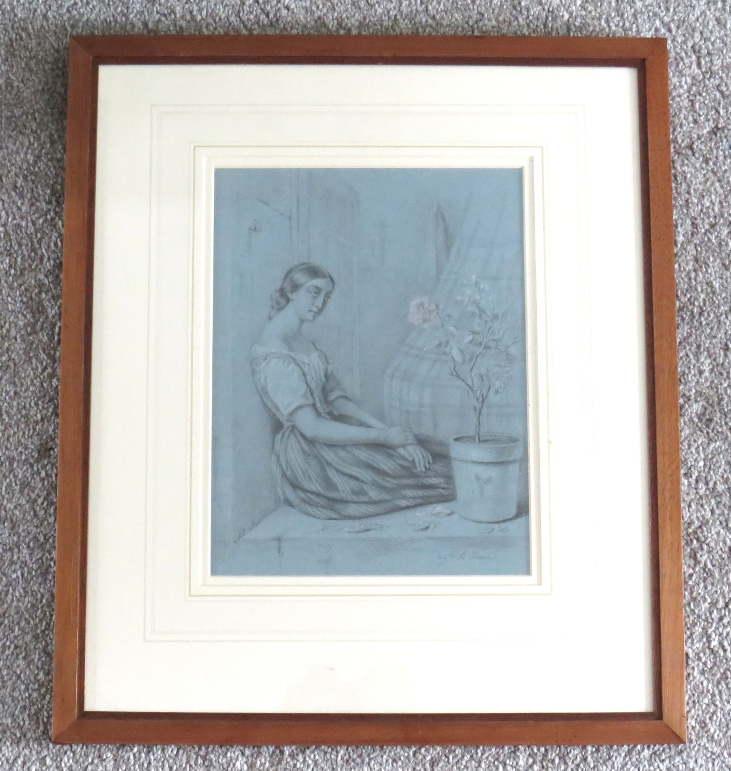 Antique Charcoal Drawing of Woman By Augusta Lebarib-Desves (French 1806-1894)