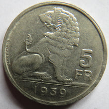 Load image into Gallery viewer, 1939 Belgium 5 Francs Coin
