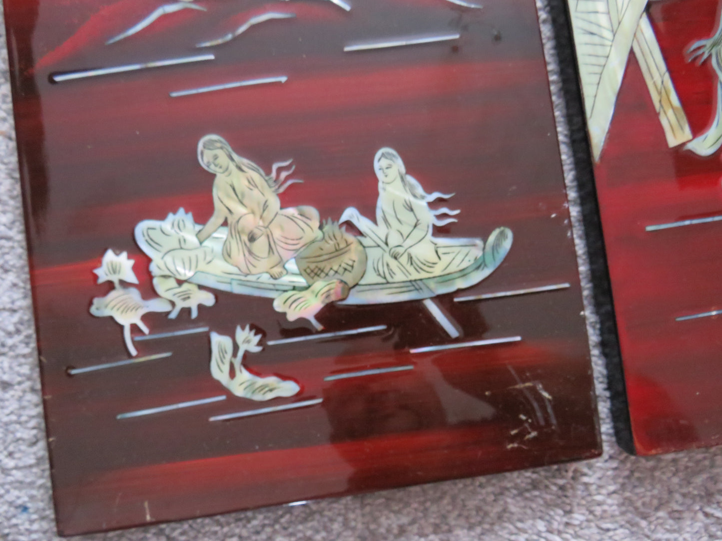 Vintage Chinese Lacquer & Mother of Pearl Wall Panels Depicting Lake Scenes