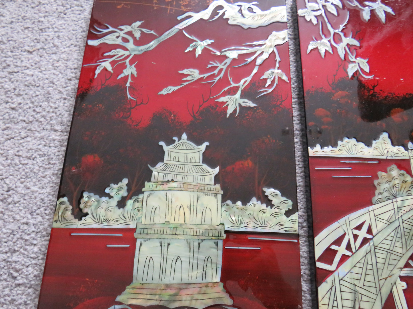 Vintage Chinese Lacquer & Mother of Pearl Wall Panels Depicting Lake Scenes