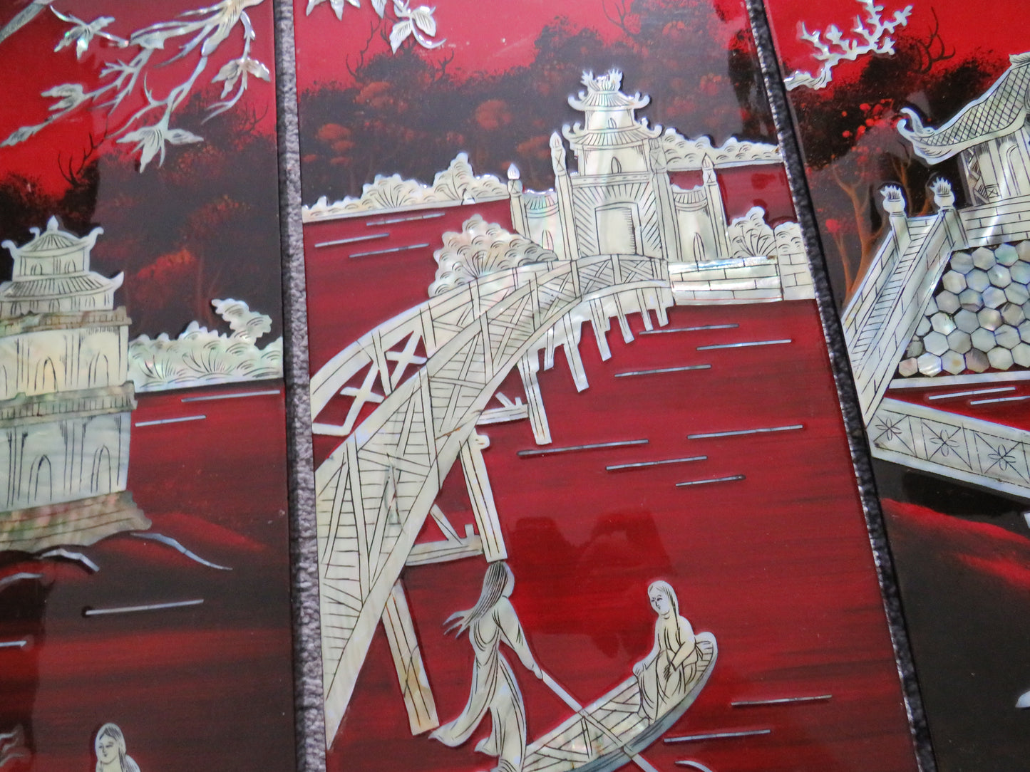 Vintage Chinese Lacquer & Mother of Pearl Wall Panels Depicting Lake Scenes