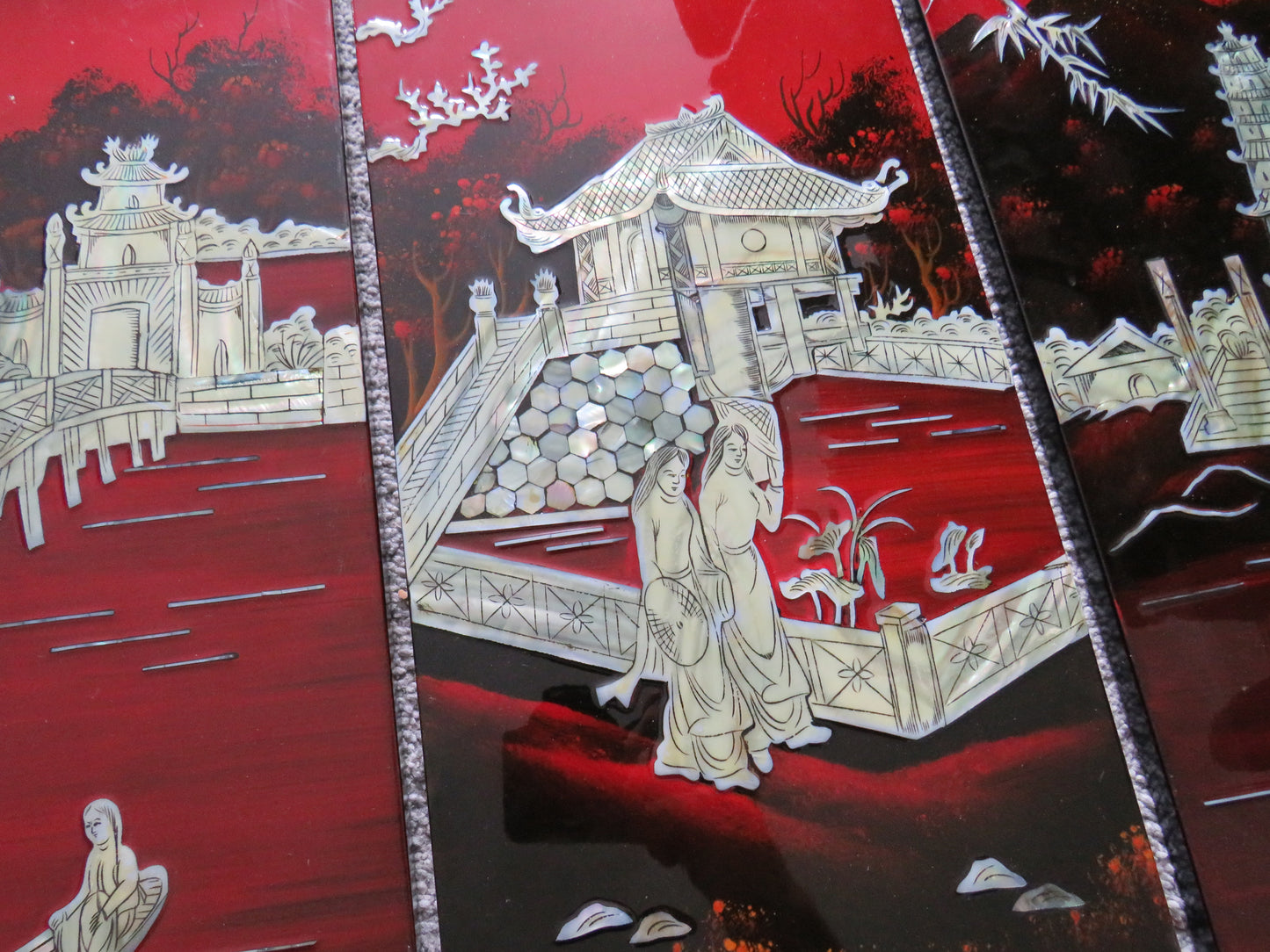 Vintage Chinese Lacquer & Mother of Pearl Wall Panels Depicting Lake Scenes