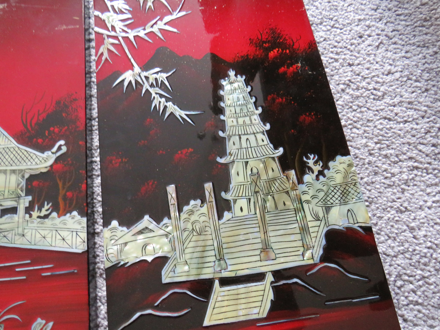 Vintage Chinese Lacquer & Mother of Pearl Wall Panels Depicting Lake Scenes