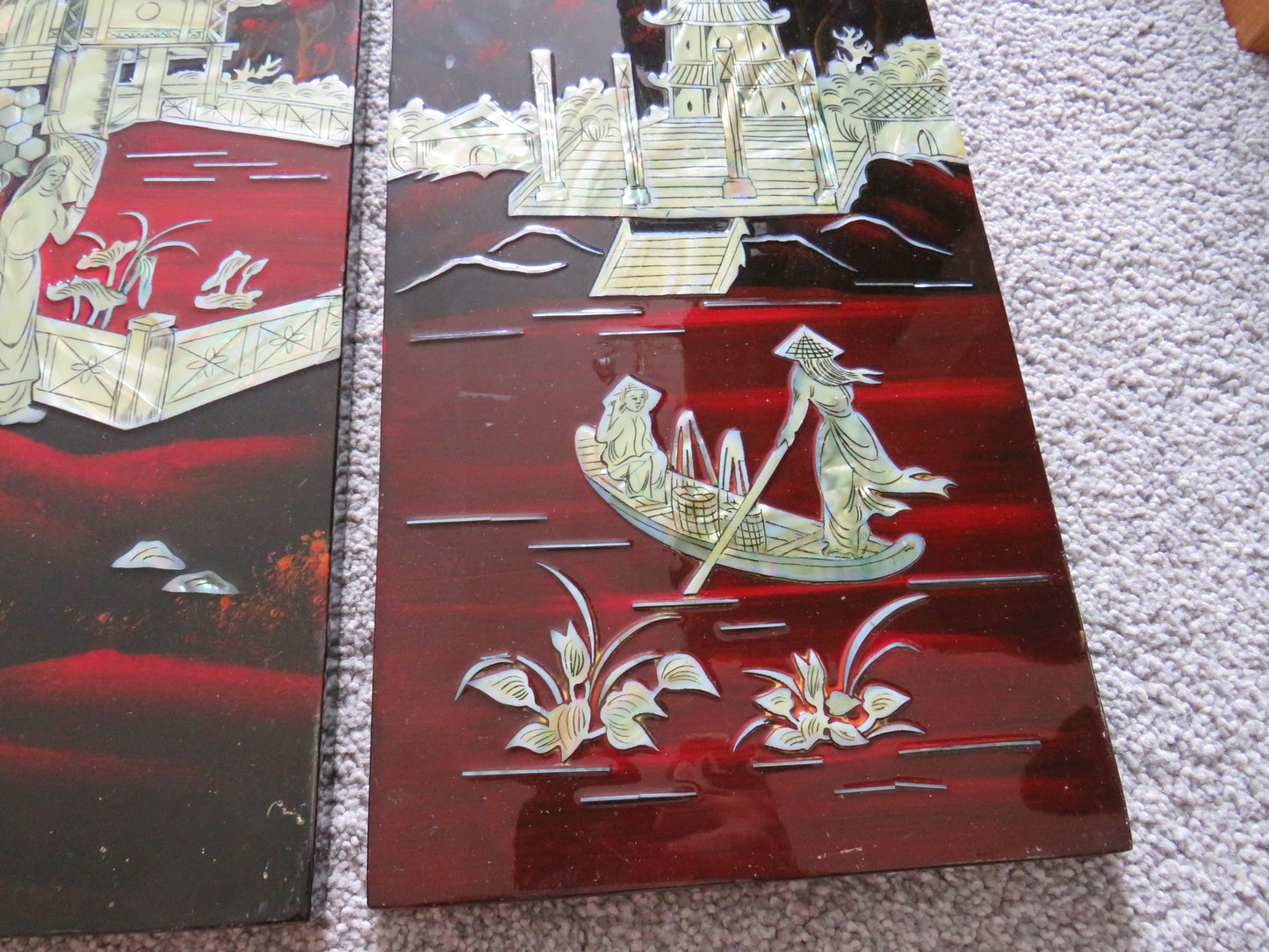 Vintage Chinese Lacquer & Mother of Pearl Wall Panels Depicting Lake Scenes