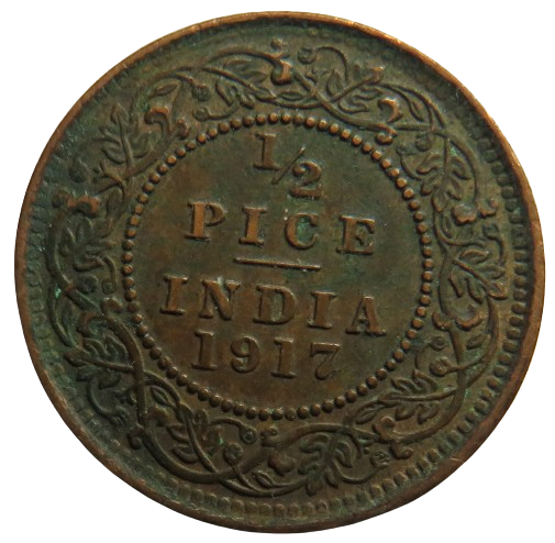 1917 King George V India 1/2 Pice Coin