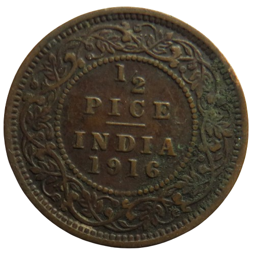 1916 King George V India 1/2 Pice Coin