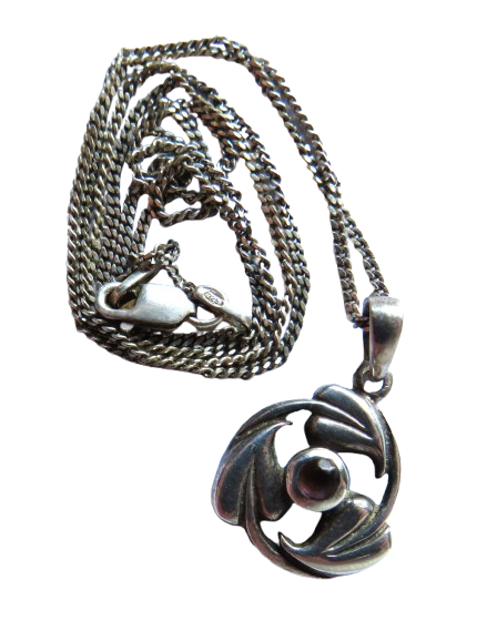 Ladies Sterling Silver Necklace & Pendant With Red Stone