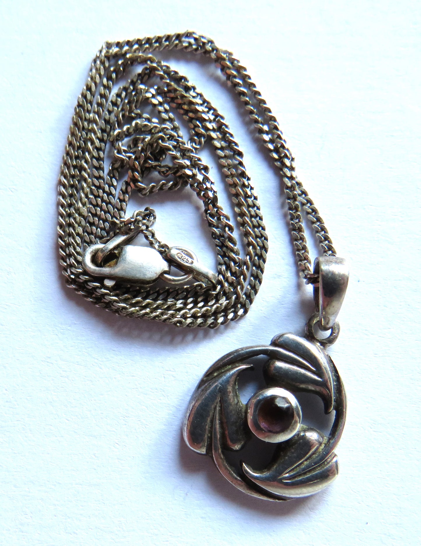 Ladies Sterling Silver Necklace & Pendant With Red Stone