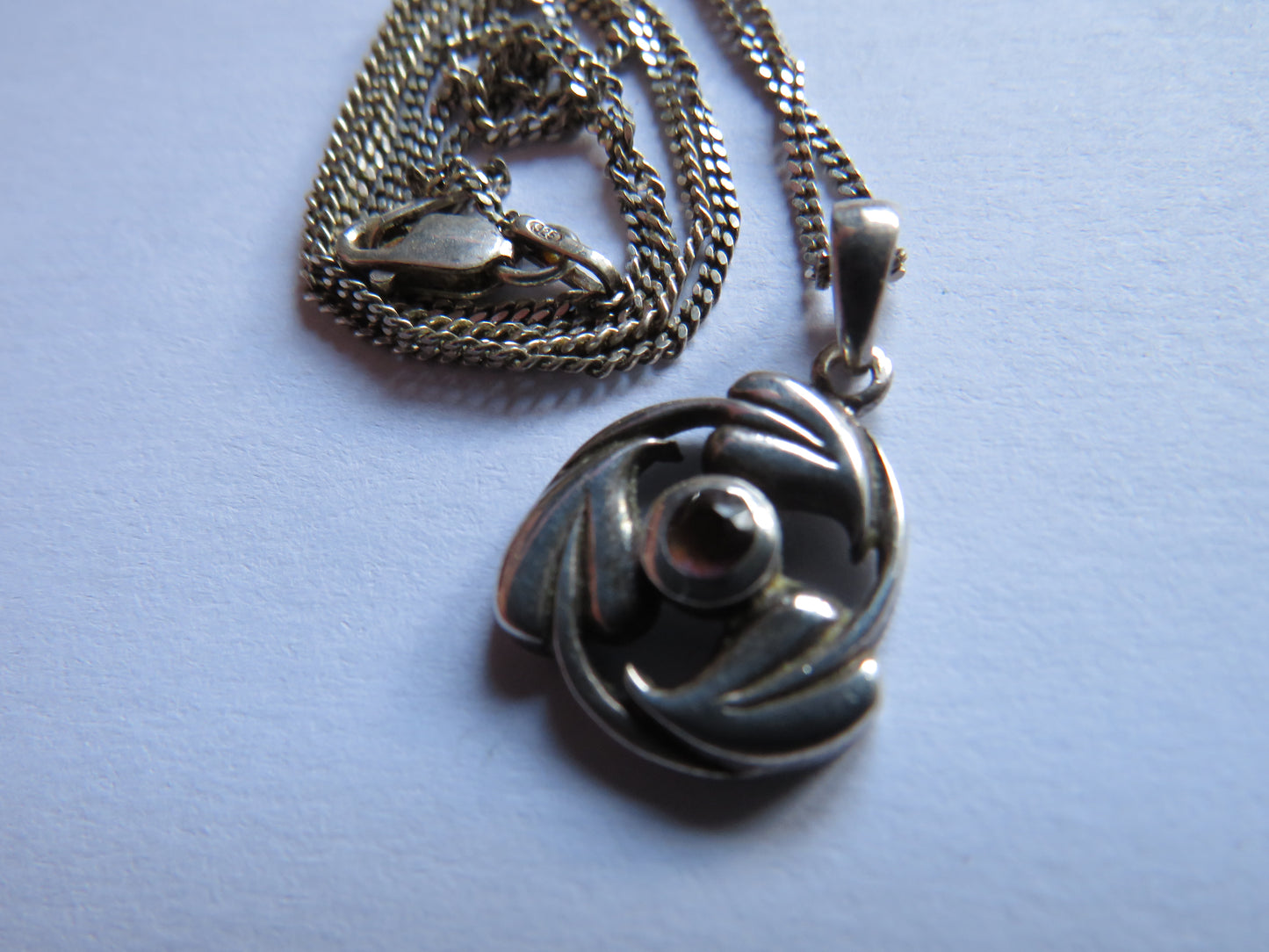 Ladies Sterling Silver Necklace & Pendant With Red Stone