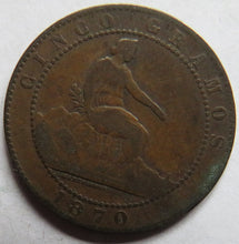 Load image into Gallery viewer, 1870 Spain 5 Centimos Coin
