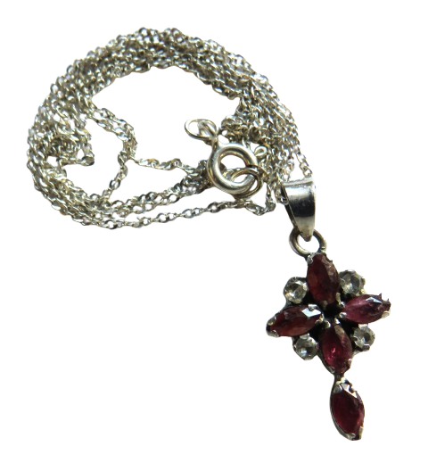 Vintage Ladies Sterling Silver Necklace & Pendant Red & Clear Stones
