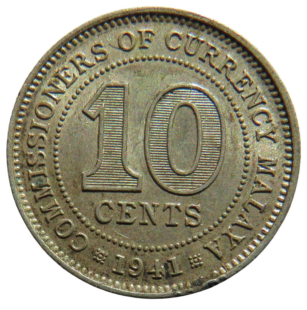 1941 Commissioners of Currency Malaya Silver 10 Cents Coin