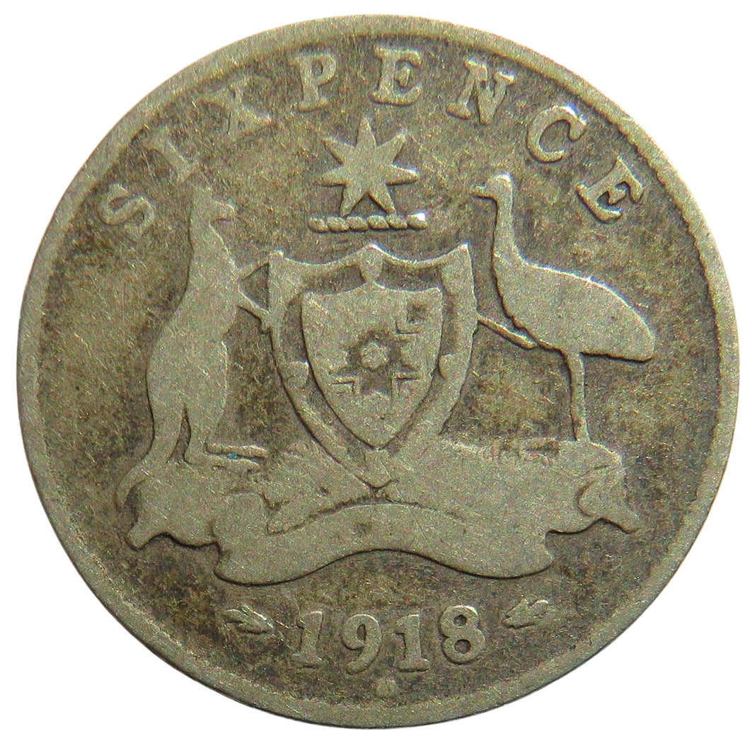 1918-M King George V Australia Silver Sixpence Coin