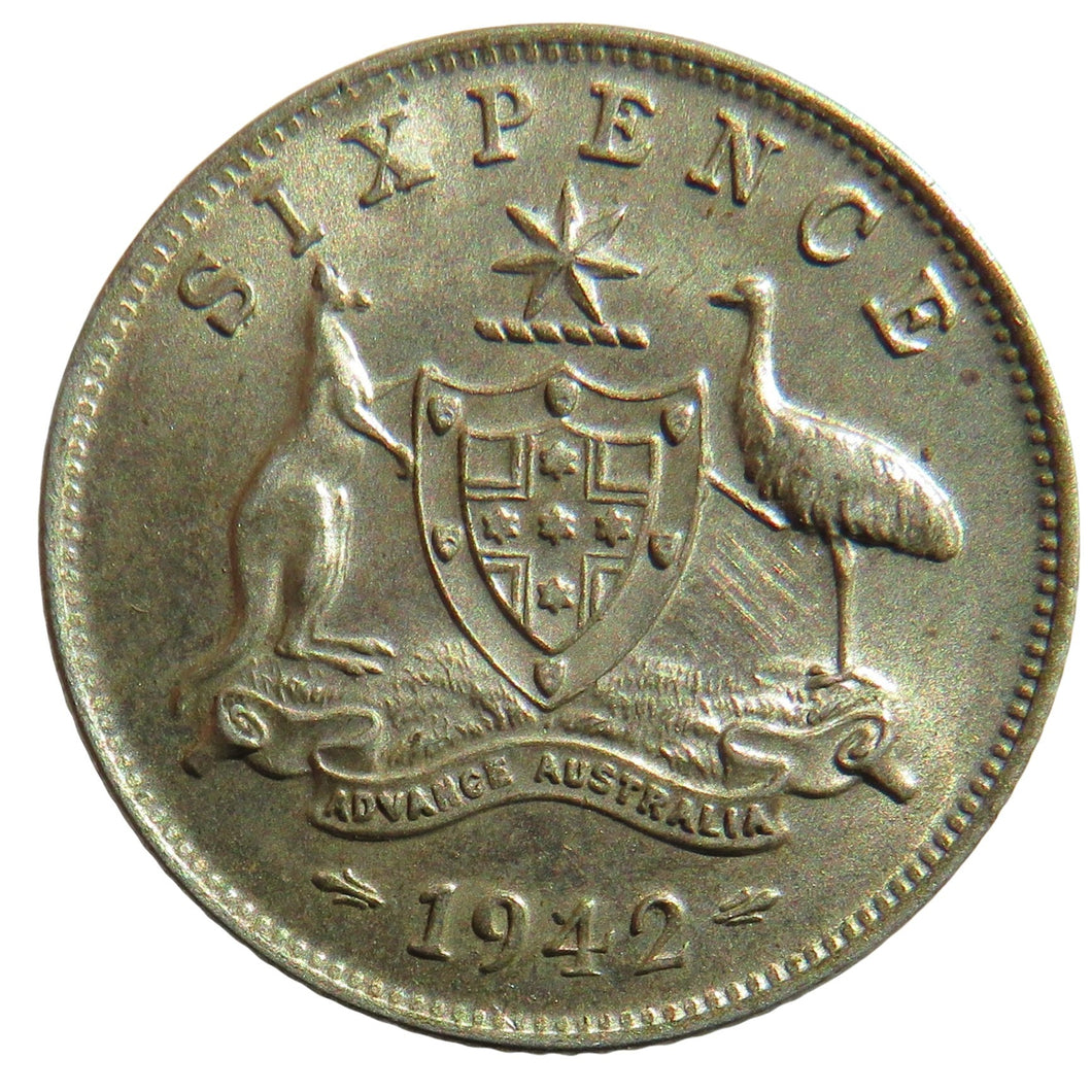 1942 King George VI Australia Silver Sixpence Coin