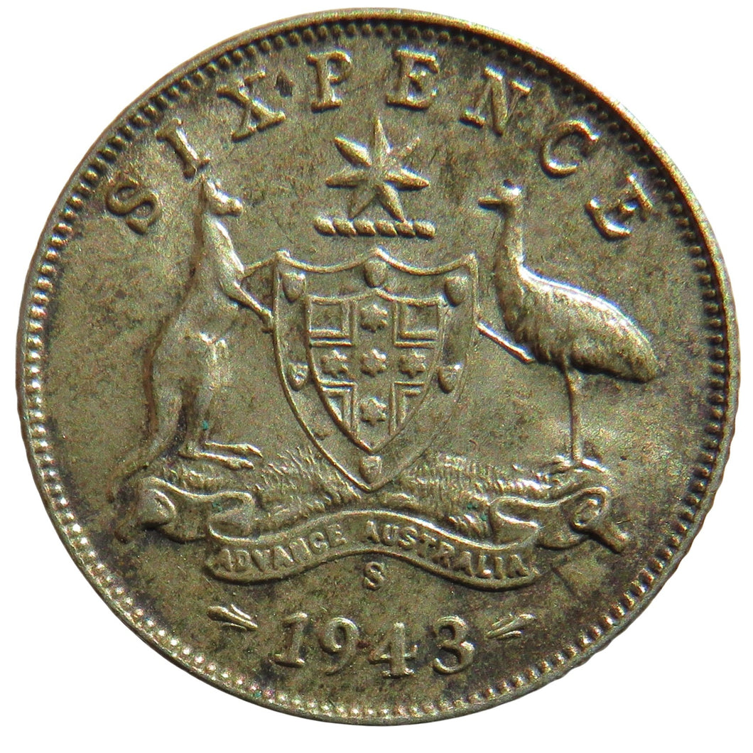 1943-S King George VI Australia Silver Sixpence Coin