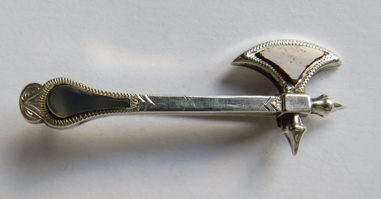 Antique Victorian Scottish Silver & Agate Axe Brooch