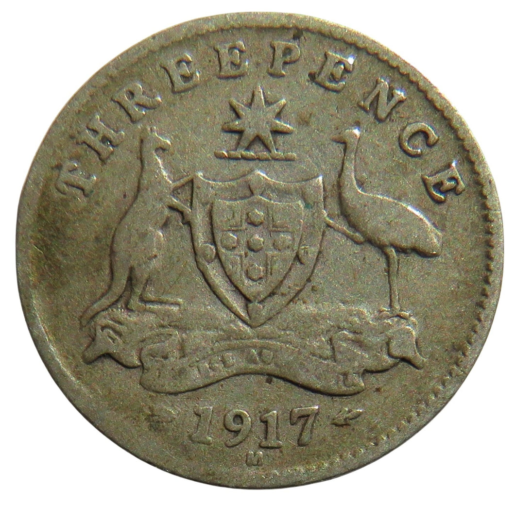 1917-M King George V Australia Silver Threepence Coin