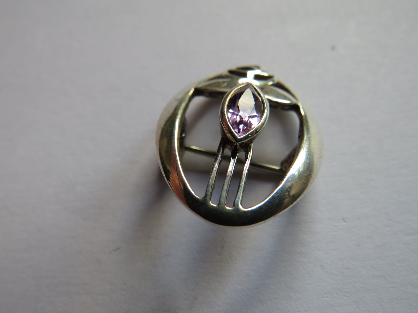 Sterling Silver & Purple Stone Ladies Brooch By Kit Heath In The Mackintosh Style