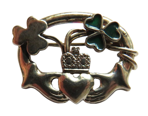 Irish Claddagh / Clovers Silver Ladies Brooch