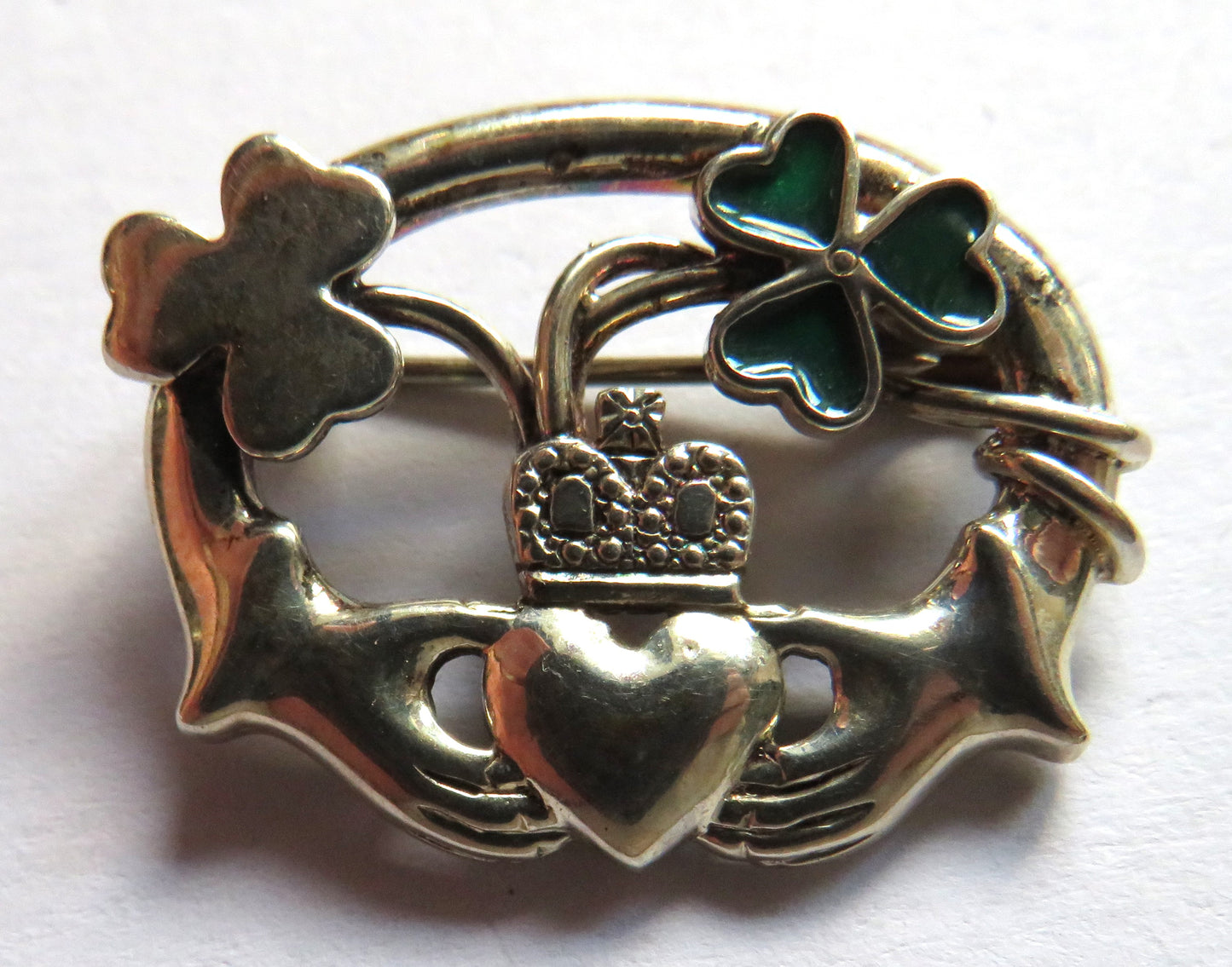 Irish Claddagh / Clovers Silver Ladies Brooch