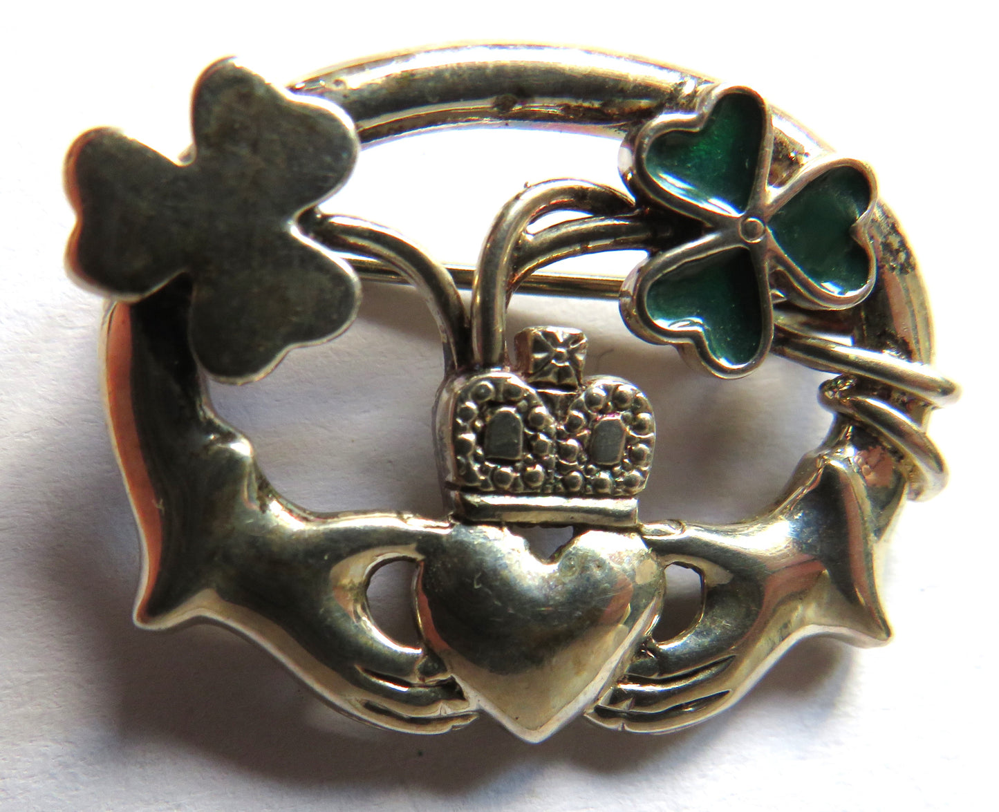 Irish Claddagh / Clovers Silver Ladies Brooch