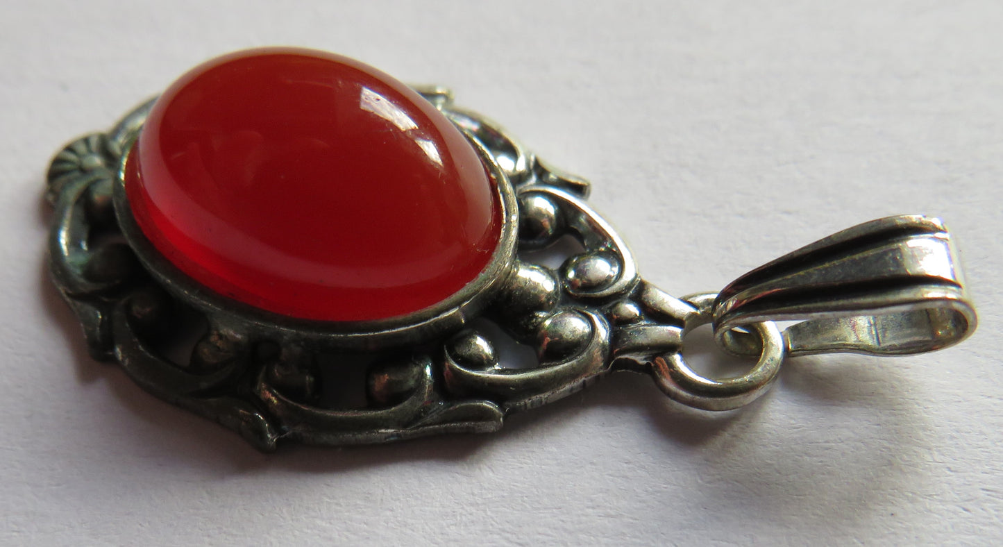 Vintage .835 Silver & Carnelian Stone Continental Pendant
