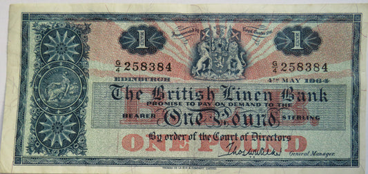 1964 The British Linen Bank £1 One Pound Banknote G/4