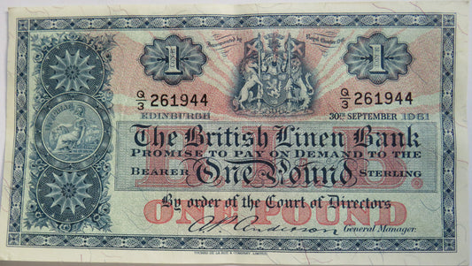 1961 The British Linen Bank £1 One Pound Banknote Q/3