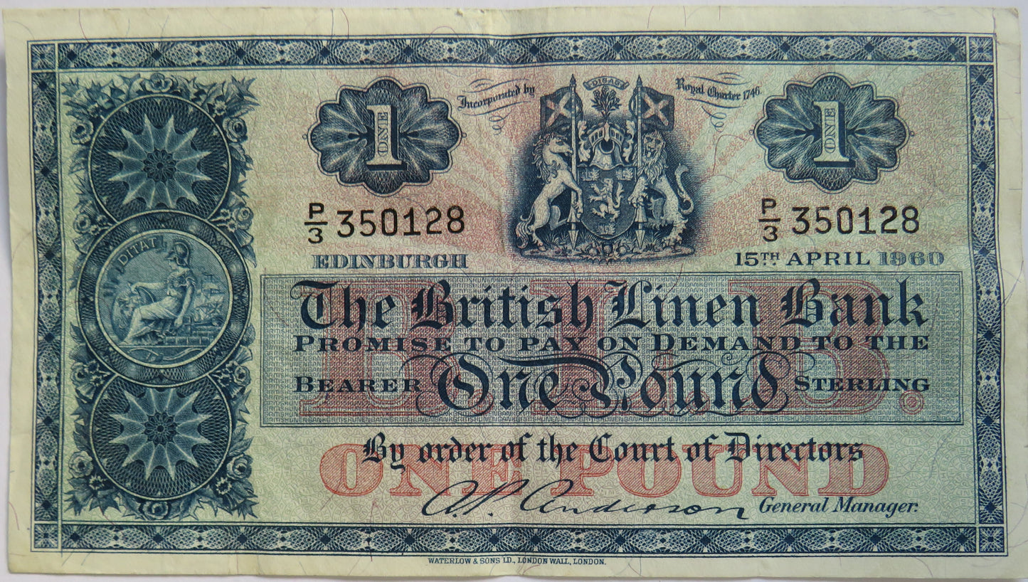 1960 The British Linen Bank £1 One Pound Banknote P/3