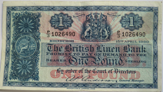 1960 The British Linen Bank £1 One Pound Banknote P/3