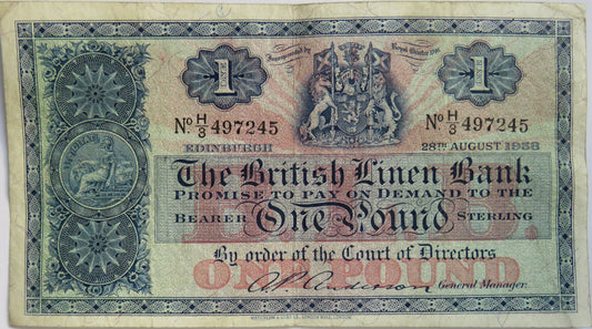 1958 The British Linen Bank £1 One Pound Banknote H/3